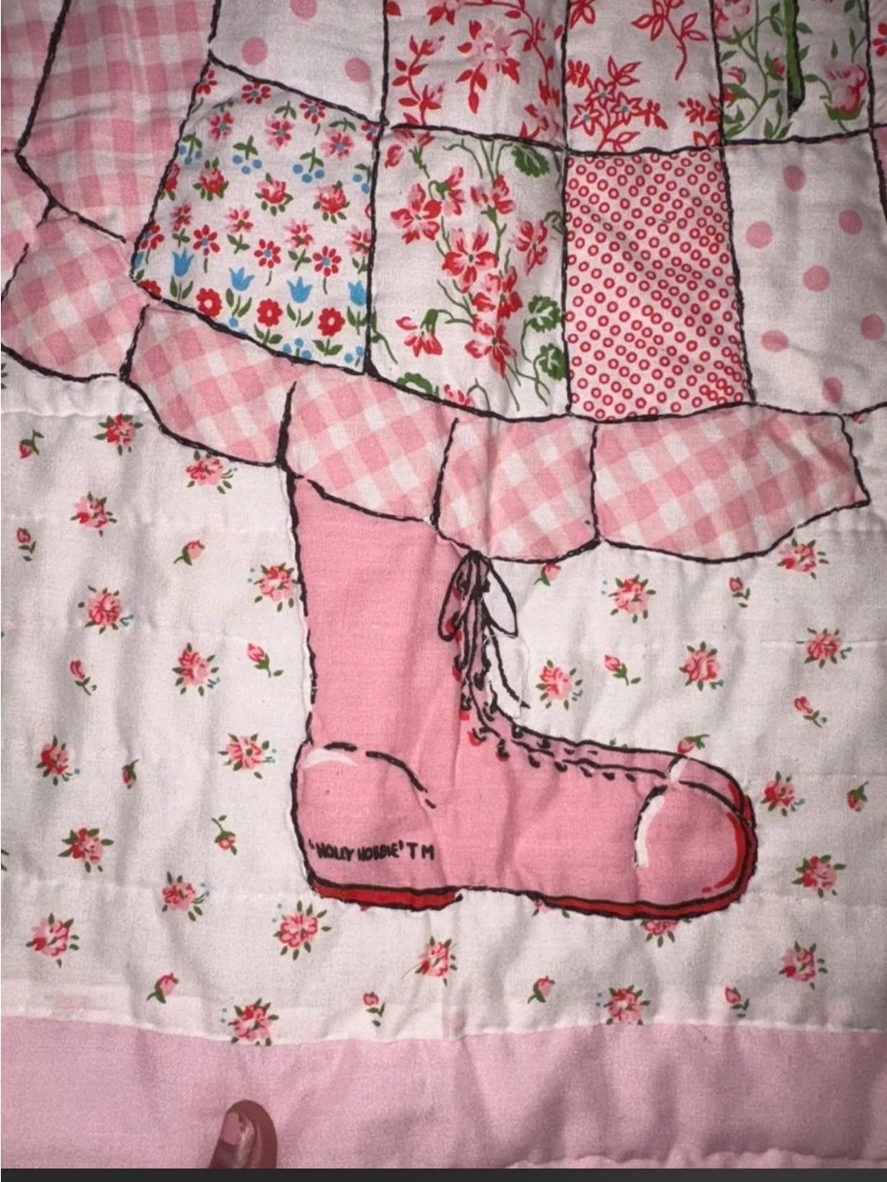 Vintage 70s Holly Hobbie Pink Floral Cottagecore Quilted Hanging Wall Decor